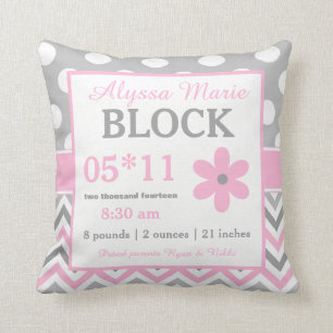 Grey Pink Flower Baby Announcement Pillow