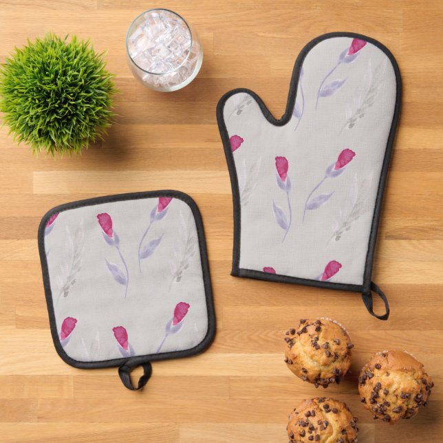 Grey Pink Flowers   Oven Mitt & Pot Holder Set (Top Down)