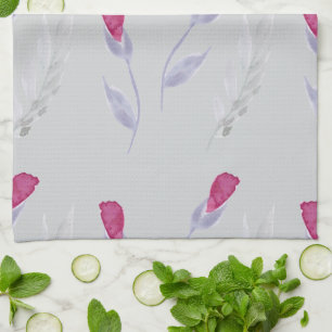 Grey Pink Flowers Tea Towel