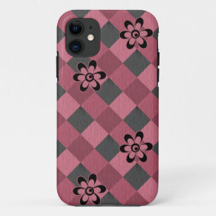 Grey pink geometric chequered pattern with flowers Case-Mate iPhone case