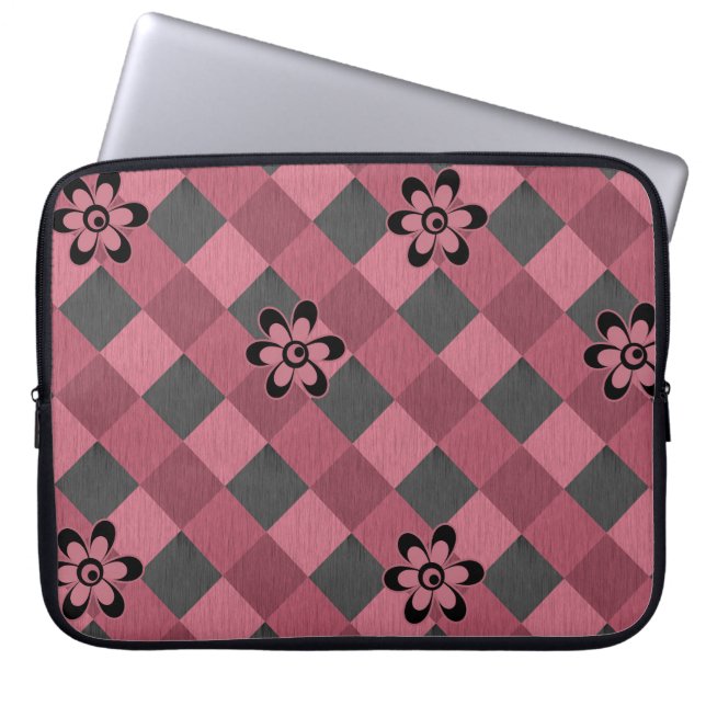 Grey pink geometric chequered pattern with flowers laptop sleeve (Front)