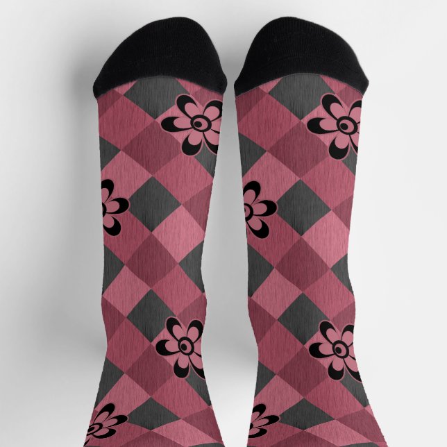 Grey pink geometric chequered pattern with flowers socks (Top)