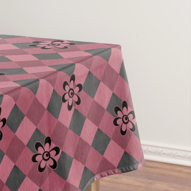 Grey pink geometric chequered pattern with flowers tablecloth (In Situ)