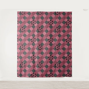 Grey pink geometric chequered pattern with flowers tapestry