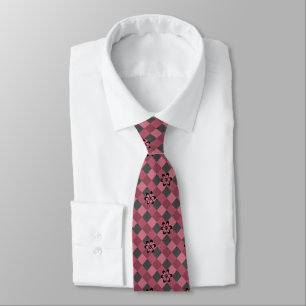Grey pink geometric chequered pattern with flowers tie