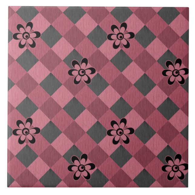 Grey pink geometric chequered pattern with flowers tile (Front)