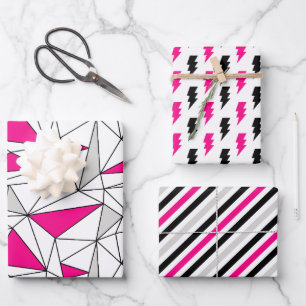 Grey Pink Geometry Flash Stripes Wrapping Paper Sheet
