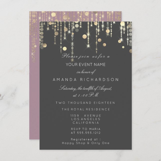 Grey Pink Gold Drips Birthday Bridal Shower Invitation (Front/Back)