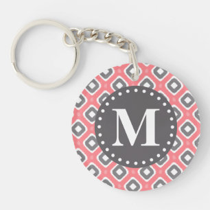 Grey Pink Ikat Mod Pattern with Monogram Key Ring