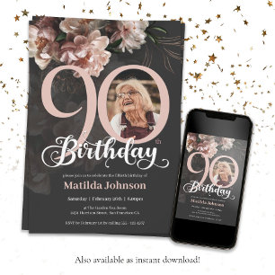 Grey Pink Lush Floral Photo 90th Birthday Party Invitation