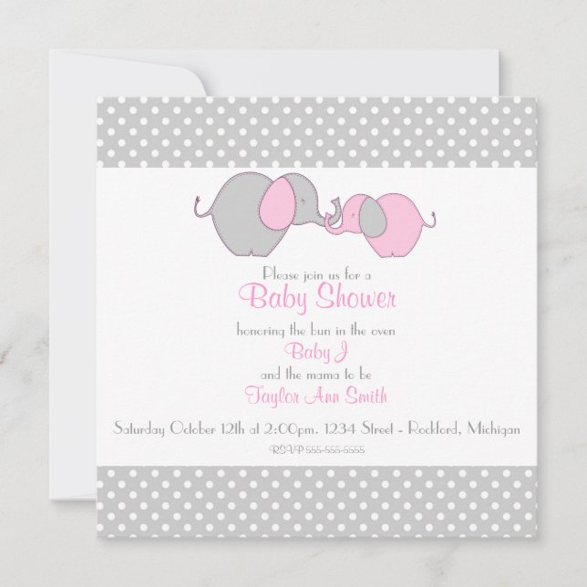 Grey & Pink Mama & Baby Elephant Shower Invitation (Front)