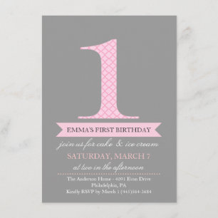 Grey & Pink Modern Pattern 1 Birthday Invitation