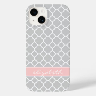 Grey & Pink Modern Quatrefoil Custom Monogram Case-Mate iPhone 14 Case