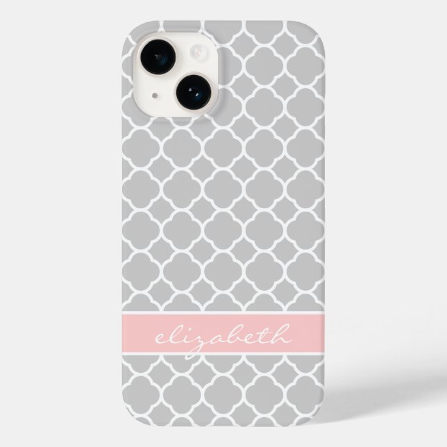 Grey & Pink Modern Quatrefoil Custom Monogram Case-Mate iPhone Case (Back)