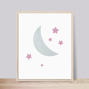 Grey & Pink   Moon and Stars Nursery Poster