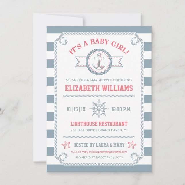 Grey & Pink Nautical Baby Girl Shower Invitation (Front)