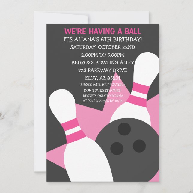 Grey/Pink On the Ball Bowling Party Invitation (Front)