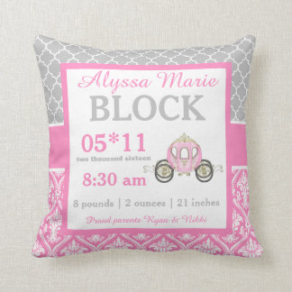 Grey Pink Princess Baby Announcement Pillow