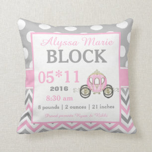 Grey Pink Princess Carriage Baby Announcement Cushion