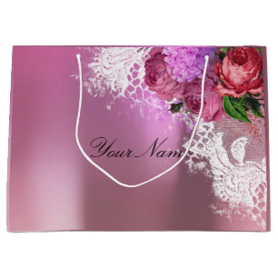Grey Pink Red Peony White Lace Name Metallic Large Gift Bag