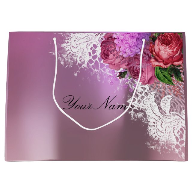 Grey Pink Red Peony White Lace Name Metallic Large Gift Bag (Front)