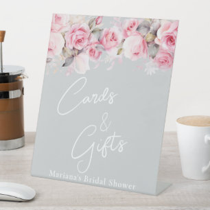 Grey Pink Roses Floral Bridal Shower Cards Gifts Pedestal Sign