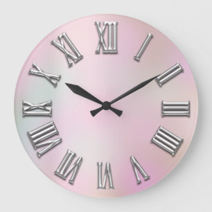 Grey. Pink Silver Roman Number Holographic Large Clock