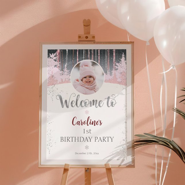 Grey Pink Snow Winter 1st Birthday Welcome Photo Poster (Creator Uploaded)