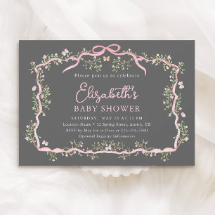 Grey & Pink Spring Floral Frame Baby Shower  Invitation