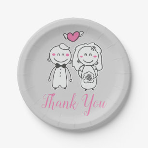 Grey & Pink Thank You Wedding Bride & Groom Paper Plate