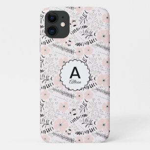 Grey Pink Whimsical Flowers Monogram Case-Mate iPhone Case