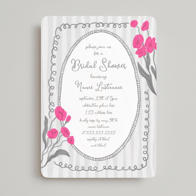 Grey Pink Whimsical Hand Painted Bridal Shower Invitation (Creator Uploaded)