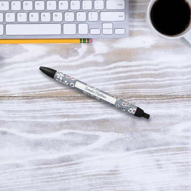 Grey Pink White Bohemian Floral Ditsy Monogrammed Black Ink Pen (Creator Uploaded)