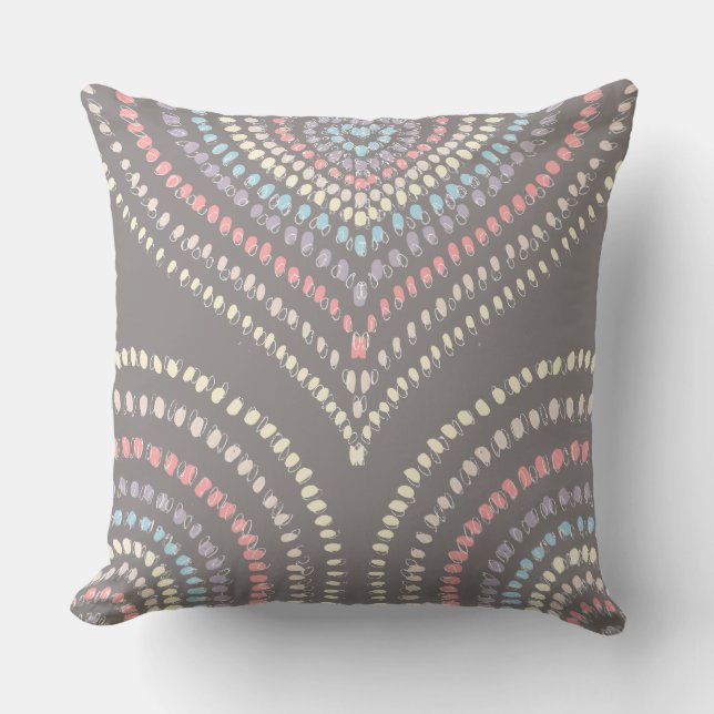 grey pink yellow blue Concentric Hearts Rainbow Cushion (Front)
