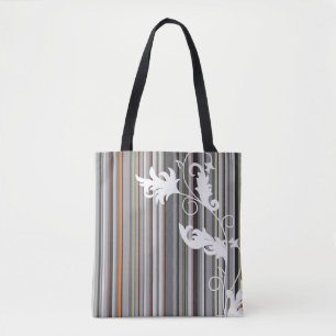 Grey Pinstripe and Floral Design Tote Bag