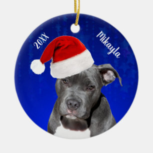 Grey Pit Bull with Santa Hat Christmas Ceramic Orn Tree Decoration