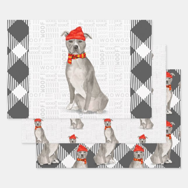 Grey Pitbull Staffordishire Christmas Dog Plaid Wrapping Paper Sheet (Set)