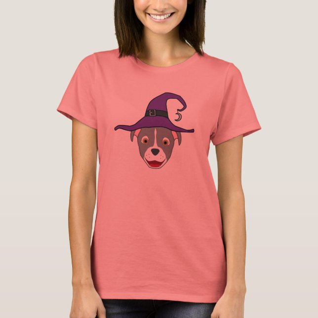 Grey Pitbull with Blaze & Witch Hat T-Shirt (Front)