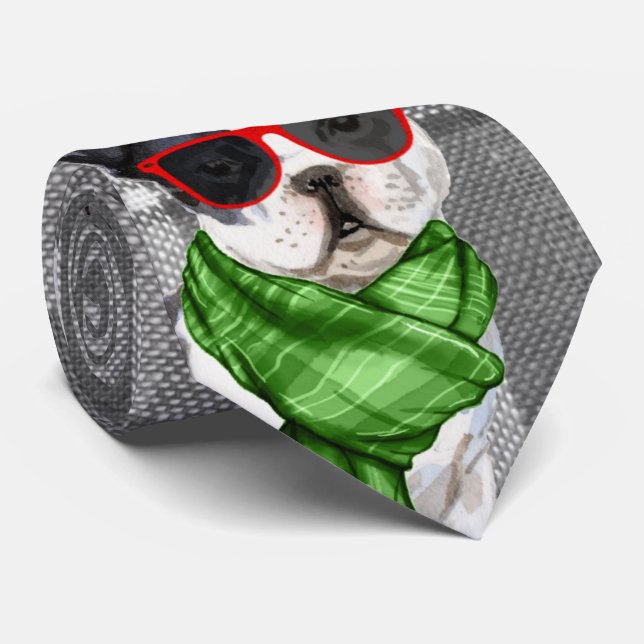 Grey Plaid and a Holiday Boston Terrier Christmas Tie (Rolled)