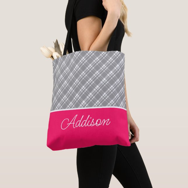 Grey Plaid And Pink Stripe Tote Bag (Close Up)