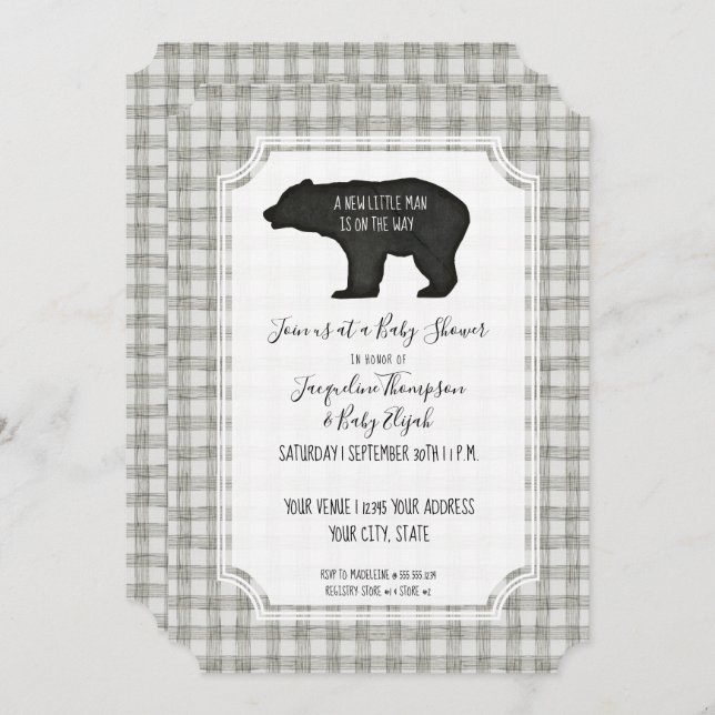 Grey Plaid Bear Woodsy Forest Tree Baby Boy Shower Invitation (Front/Back)