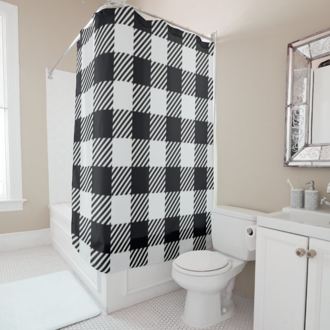 Grey Plaid | Checkers All-Over PrintShower Curtain (In Situ)