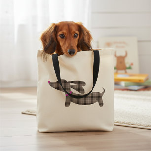 Grey Plaid Dachshund Wiener Dog Tote Bag