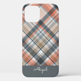 Grey Plaid Elegant Script Name iPhone 12 Case