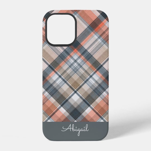 Grey Plaid Elegant Script Name iPhone Case (Back)