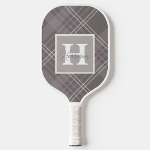 Grey Plaid Monogram Name Customisable Pickleball Paddle
