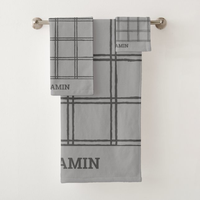 Grey Plaid Personalised Name Masculine Bathroom Bath Towel Set (Insitu)