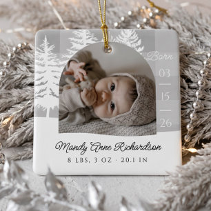 Grey Plaid Pine Tree Baby Birth Announcement Photo Ceramic Ornament