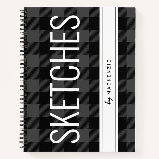 Grey Plaid Sketchbook Custom Name Notebook (Front)