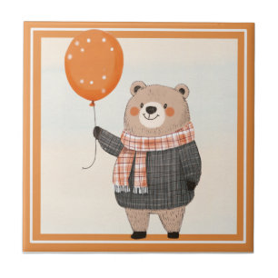 Grey Plaid Sweater Bear with Orange Plaid Scarf Tile